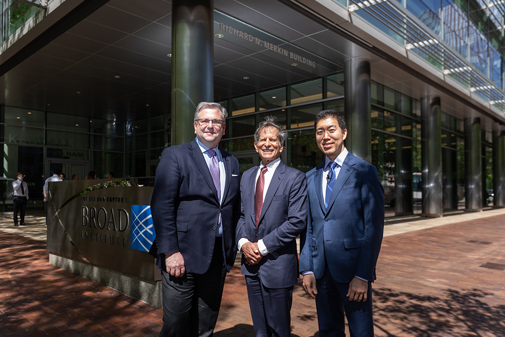 David Liu, (right) the Richard Merkin Professor and Director of the Merkin Institute for Transformative Technologies in Healthcare at the Broad Institute, joined Todd Golub and Dr. Merkin at the celebrations on May 18, 2022.