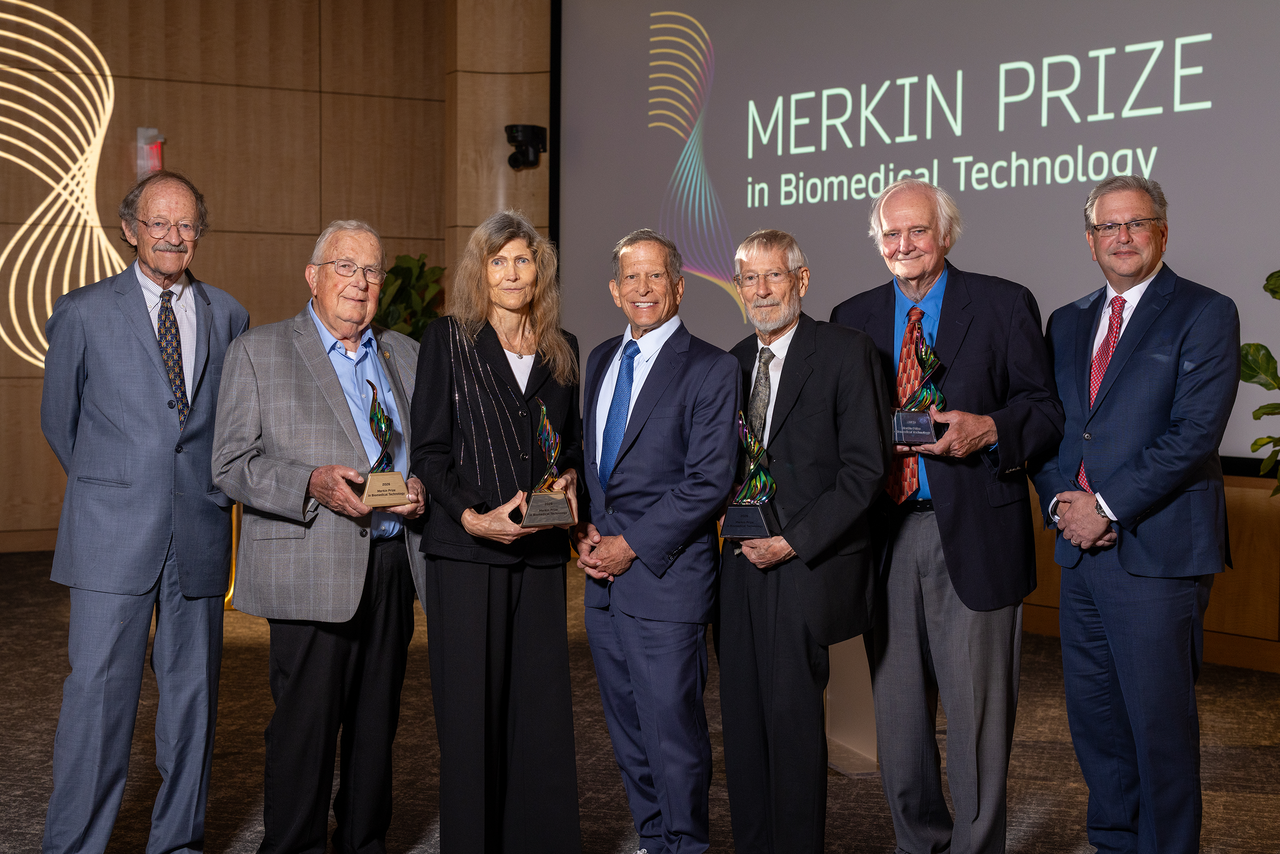 2026 Merkin Prize Laureates Michael Merzenich, Ingeborg Hochmair, Erwin Hochmair, and Blake Wilson with Dr. Richard N. Merkin, Harold Varmus, and Todd Golub. 